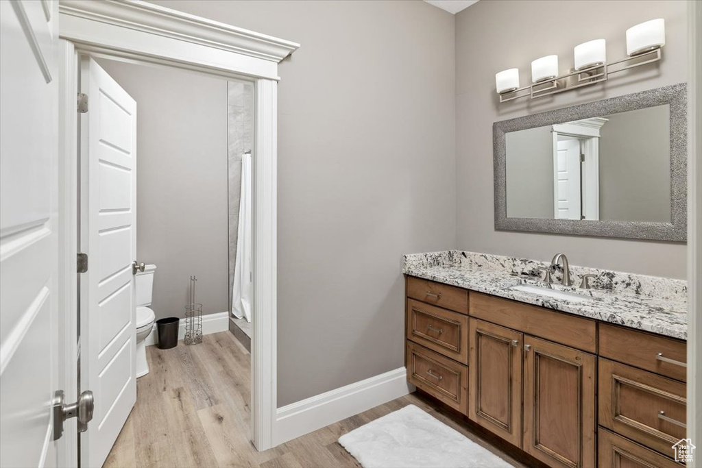 Full bathroom with toilet, wood finished floors, a stall shower, baseboards, and vanity