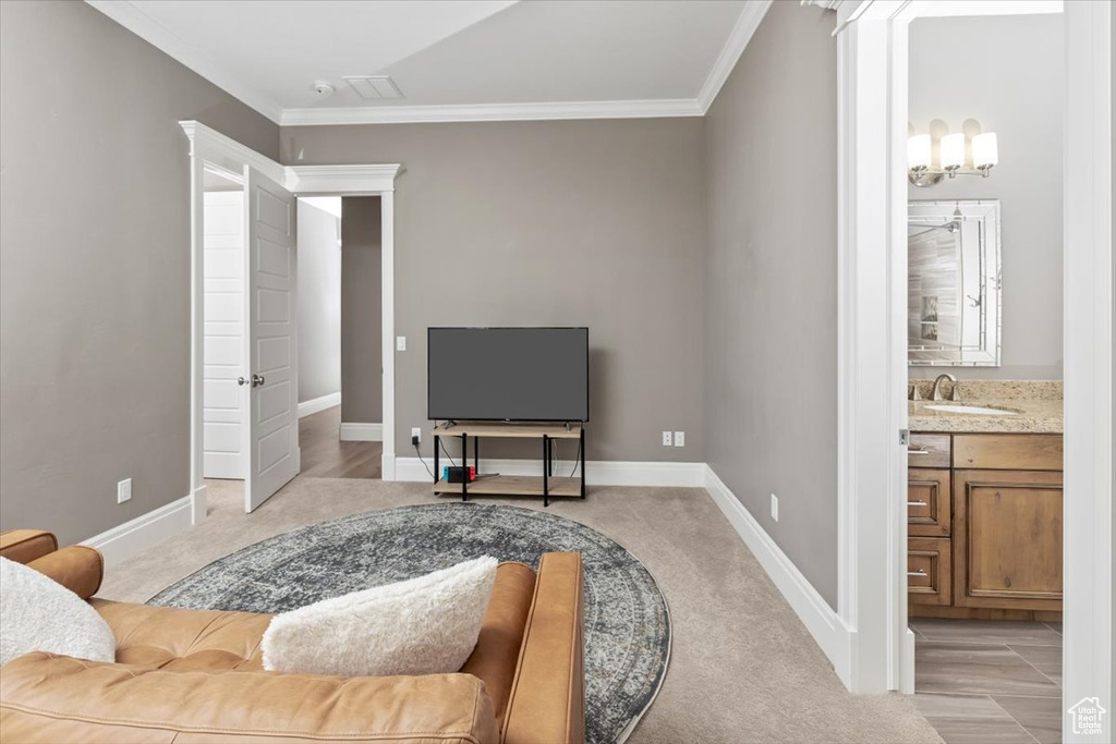 Living area with baseboards, ornamental molding, and light colored carpet