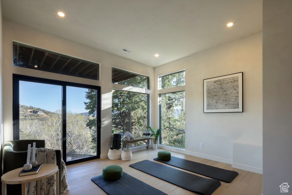 Workout room featuring baseboards, recessed lighting, and wood finished floors