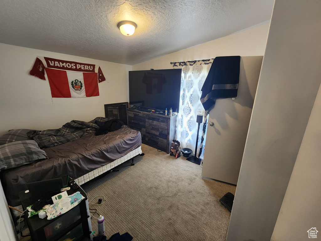 Carpeted bedroom featuring a textured ceiling and vaulted ceiling