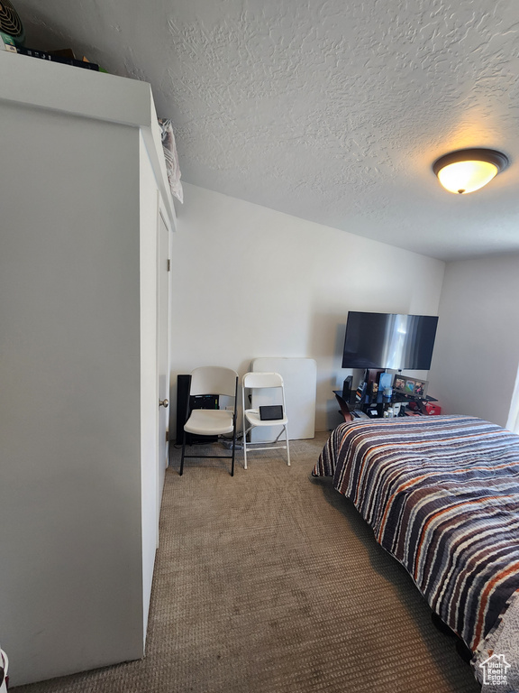 Carpeted bedroom featuring a textured ceiling