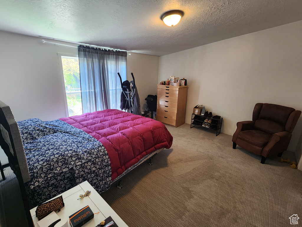 Bedroom with light colored carpet and a textured ceiling