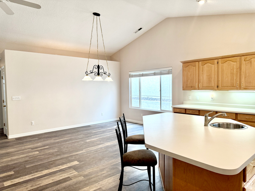 Kitchen with a ceiling fan, a sink, high vaulted ceiling, wood finished floors, and light countertops