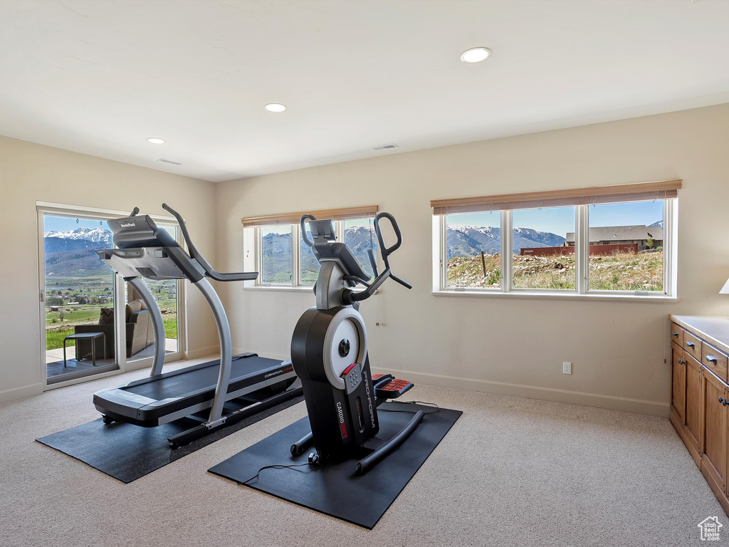 Workout room with baseboards, light carpet, and recessed lighting