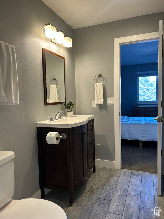 Half bath with toilet, wood finished floors, and vanity