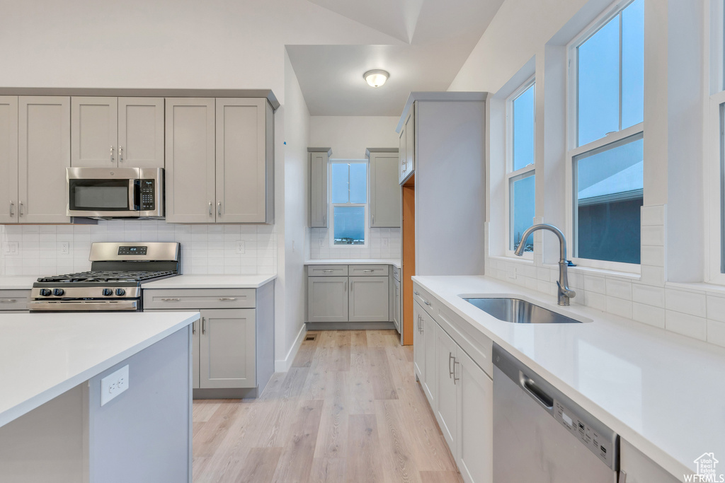 Kitchen with backsplash, gray cabinetry, appliances with stainless steel finishes, and a sink