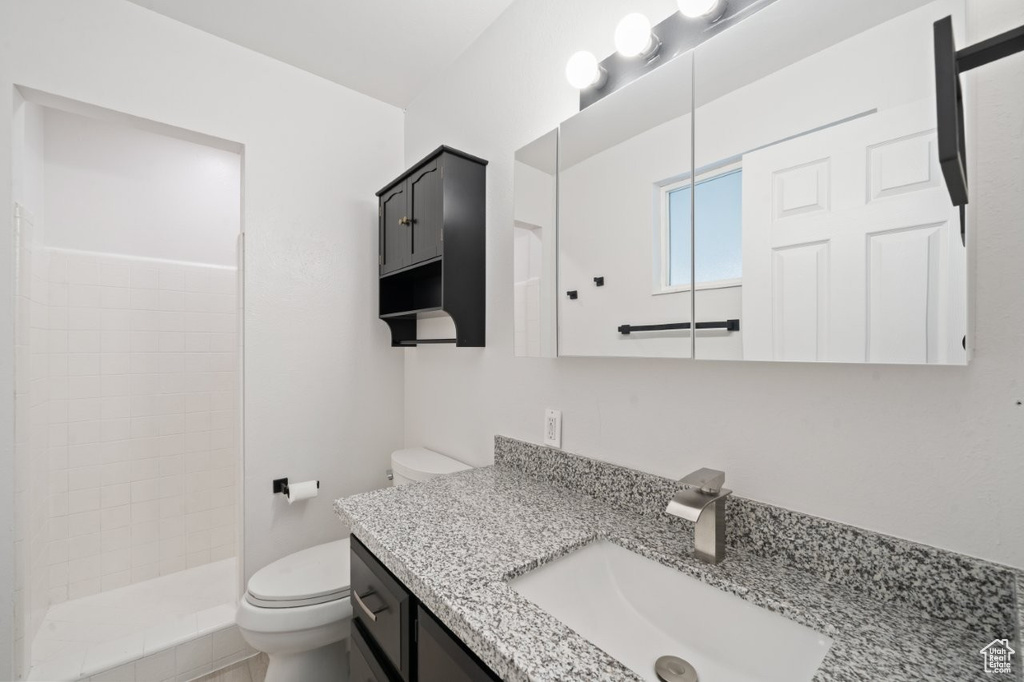 Bathroom with vanity, toilet, and a tile shower