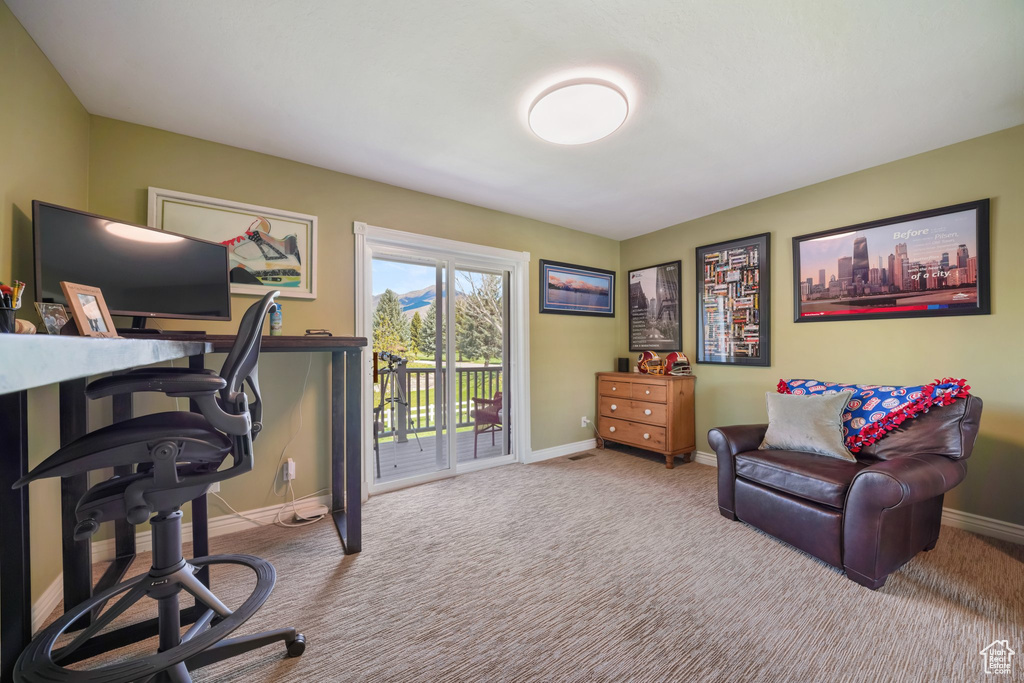 Carpeted home office with baseboards
