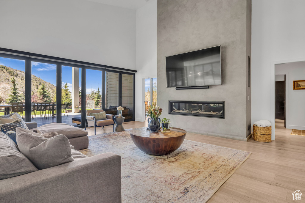 Living room with a towering ceiling, a large fireplace, wood finished floors, and baseboards