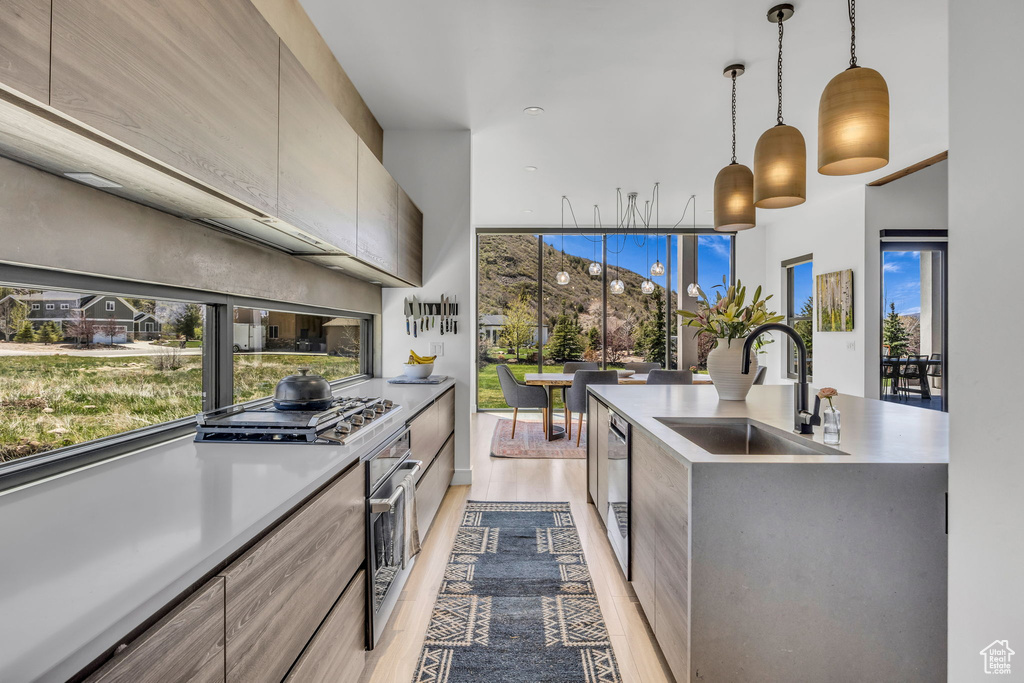 Kitchen featuring a sink, modern cabinets, stainless steel appliances, plenty of natural light, and a towering ceiling