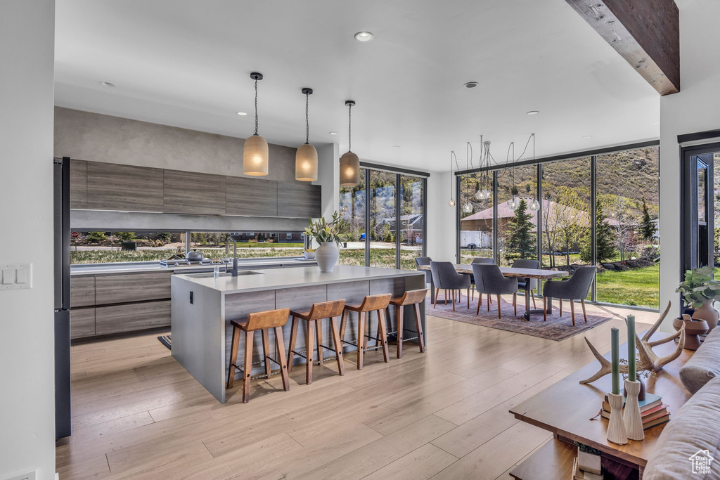 Kitchen featuring modern cabinets, a breakfast bar area, light countertops, light wood-style flooring, and a spacious island