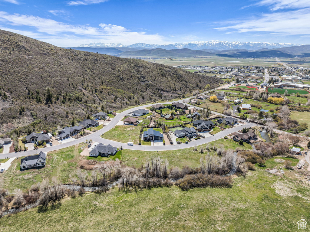 Aerial perspective of suburban area with mountains