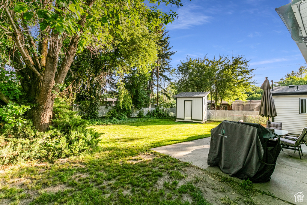 View of yard featuring a fenced backyard, a storage shed, a patio area, and an outdoor structure