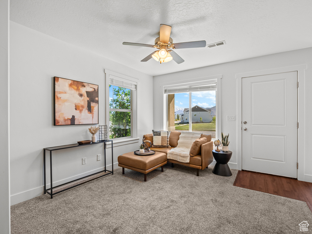 Living area with carpet, a textured ceiling, visible vents, baseboards, and ceiling fan