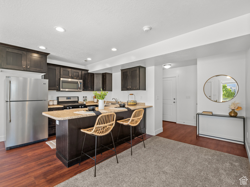 Kitchen with stainless steel appliances, recessed lighting, dark wood-style flooring, a sink, and light countertops