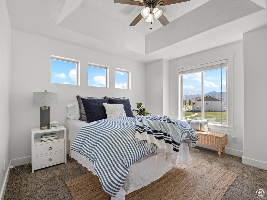 Bedroom with baseboards, multiple windows, a tray ceiling, and carpet floors