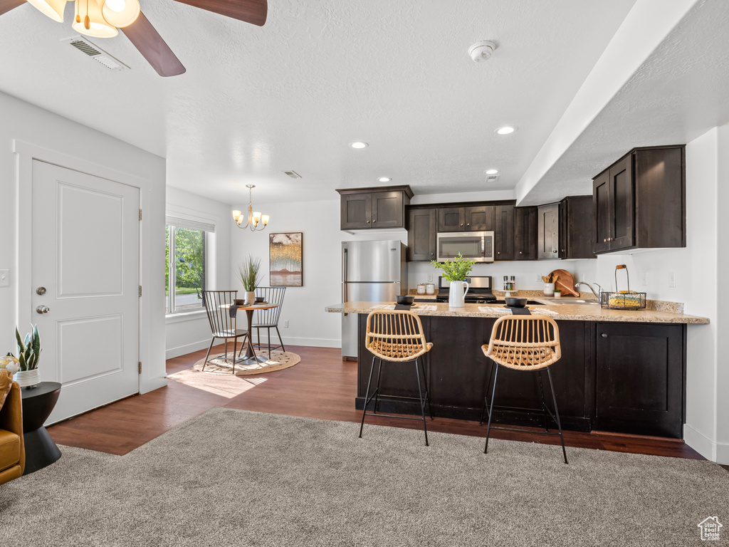 Kitchen featuring ceiling fan with notable chandelier, light wood-type flooring, dark brown cabinets, and appliances with stainless steel finishes