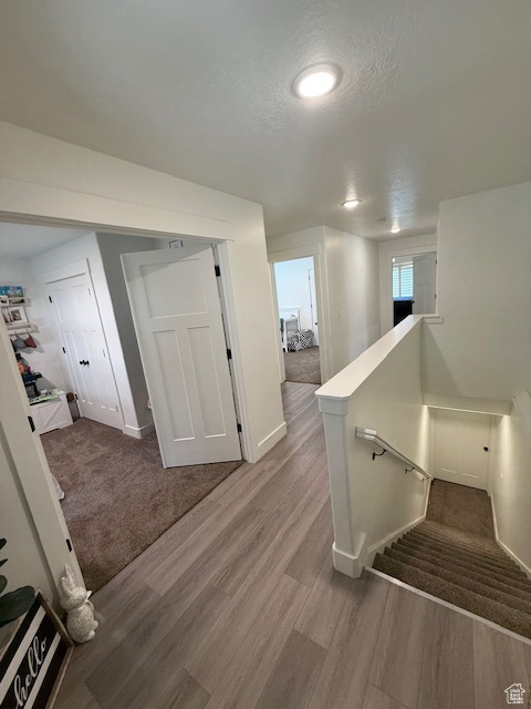 Interior space with baseboards, a textured ceiling, and wood finished floors