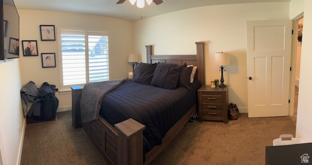 Bedroom featuring carpet floors, baseboards, and ceiling fan