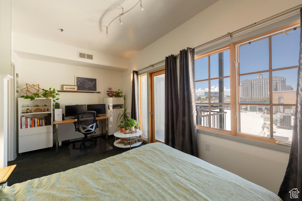 Carpeted bedroom featuring access to exterior, visible vents, and multiple windows
