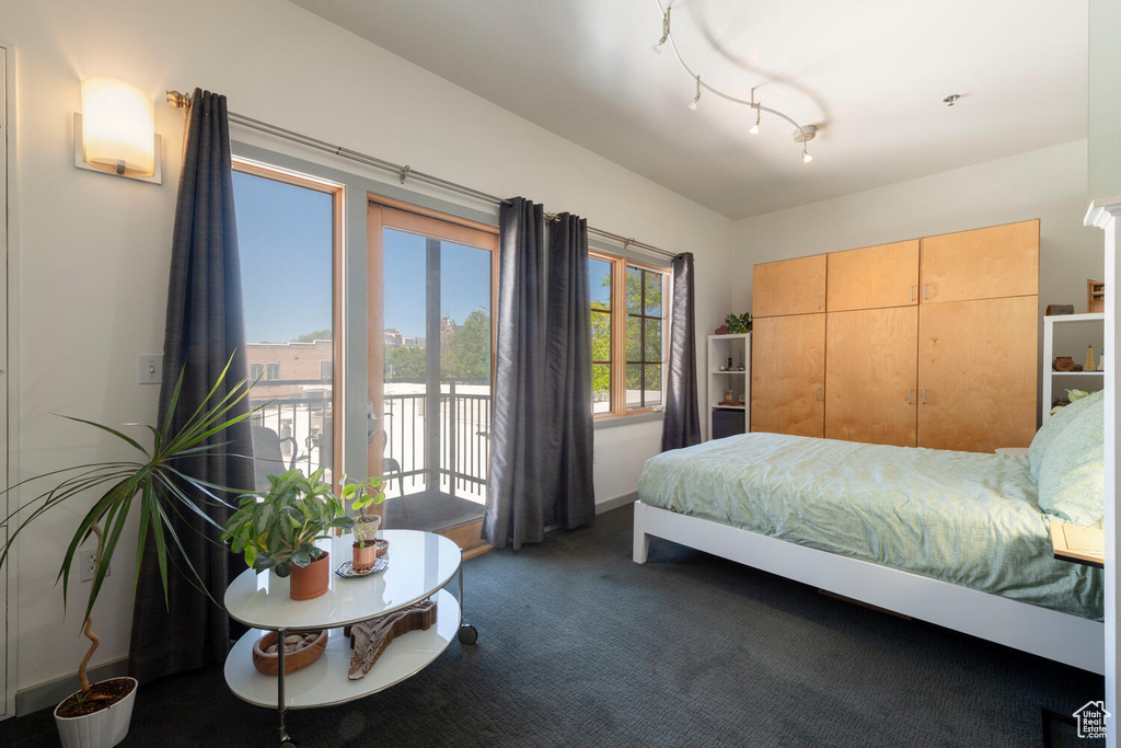 Carpeted bedroom with access to exterior