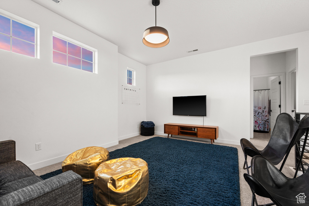 Carpeted living area featuring baseboards and visible vents