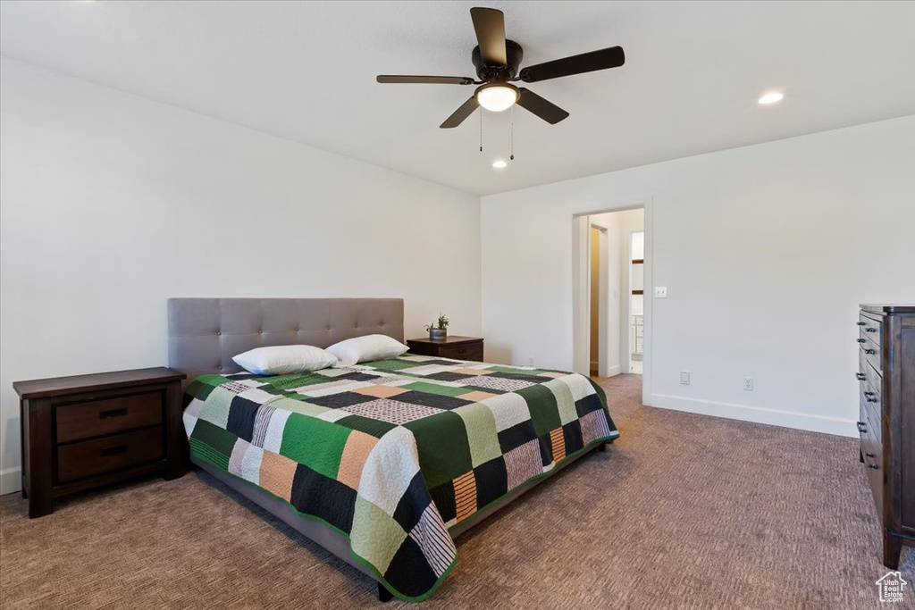 Bedroom with baseboards, ceiling fan, recessed lighting, and carpet floors