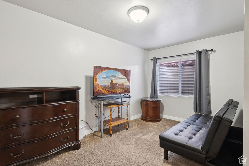 Sitting room featuring baseboards and light colored carpet