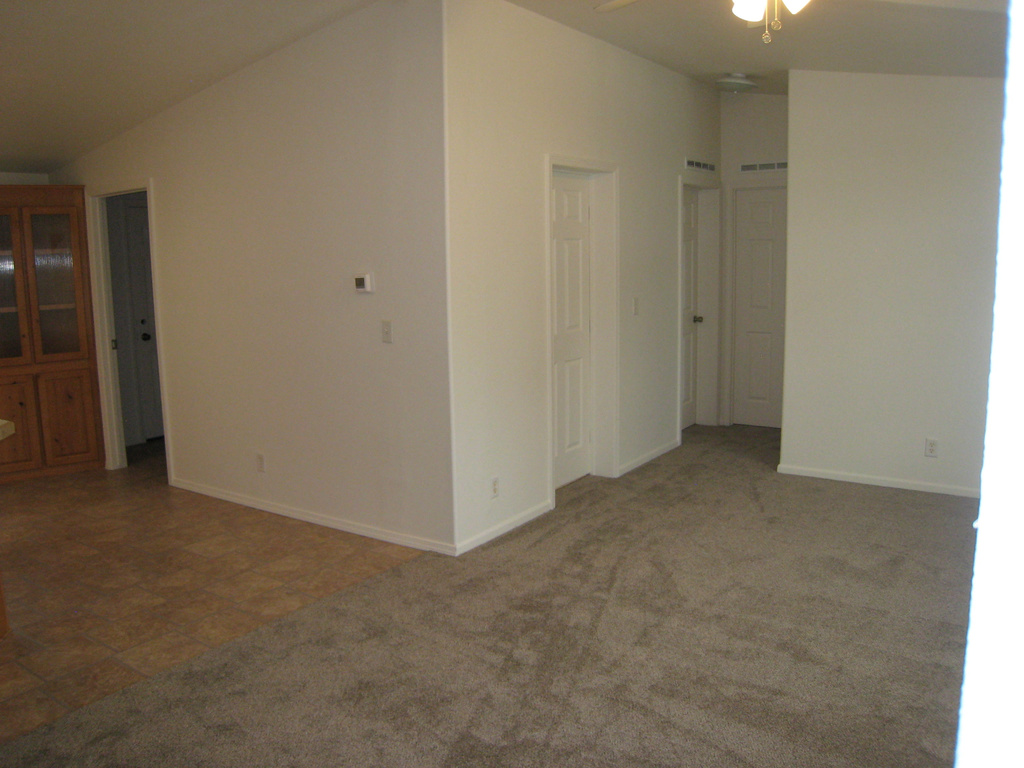 Spare room with a ceiling fan, baseboards, carpet, and vaulted ceiling