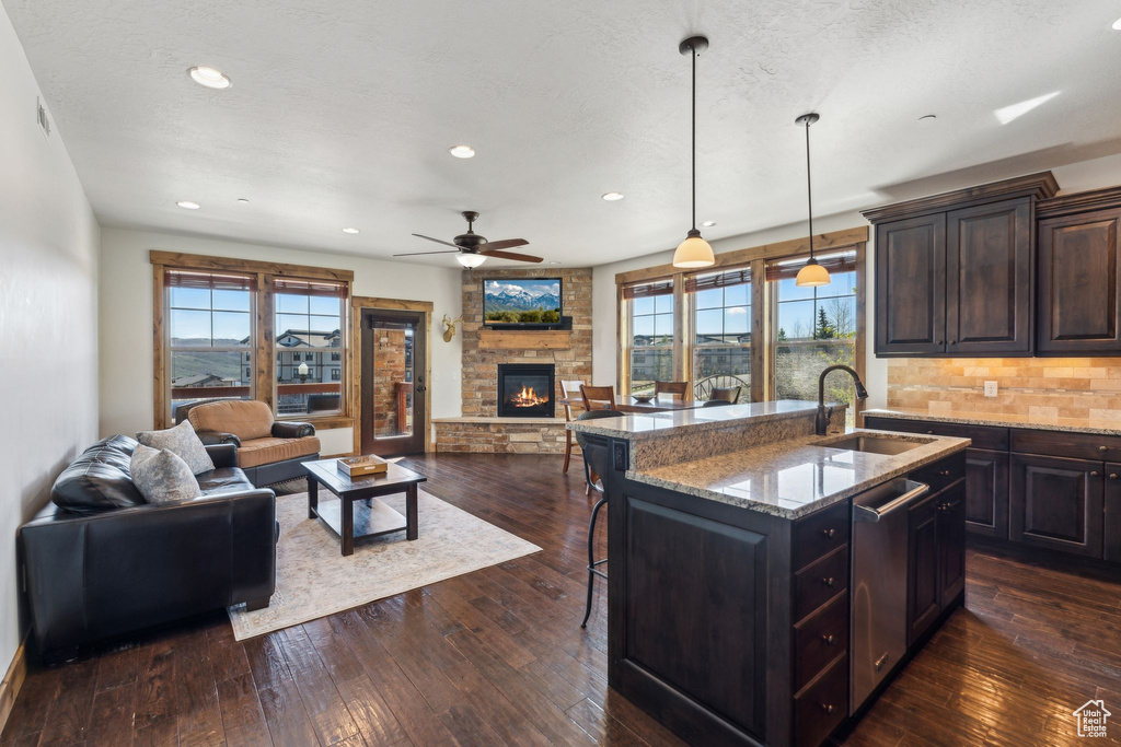 Kitchen featuring a sink, a kitchen breakfast bar, open floor plan, a healthy amount of sunlight, and dark wood-type flooring