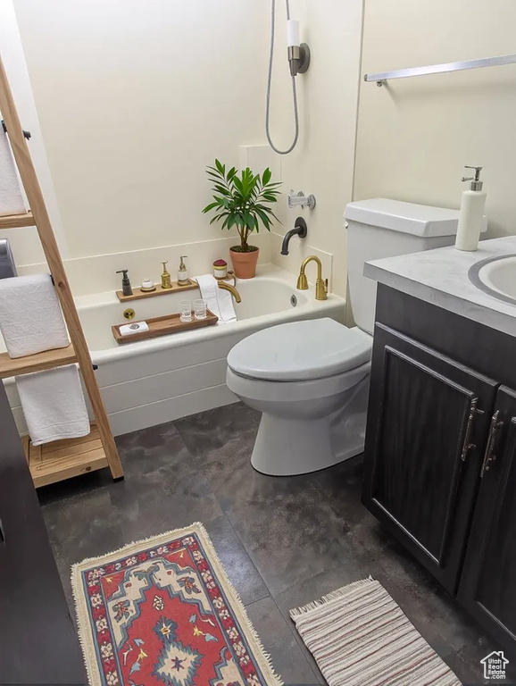 Bathroom with toilet, washtub / shower combination, and vanity