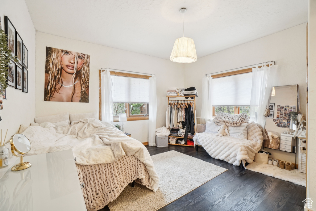 Bedroom with multiple windows and dark wood-type flooring