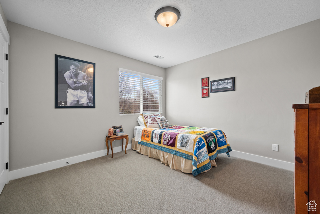 Carpeted bedroom featuring baseboards, visible vents, and a textured ceiling