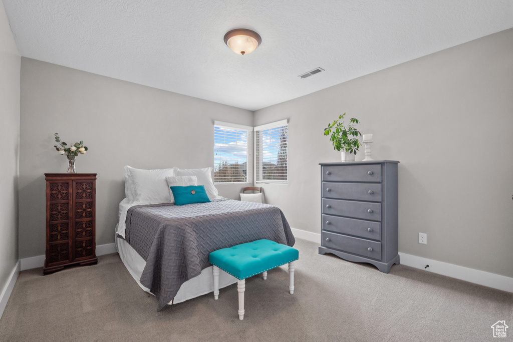 Bedroom featuring carpet, visible vents, and baseboards