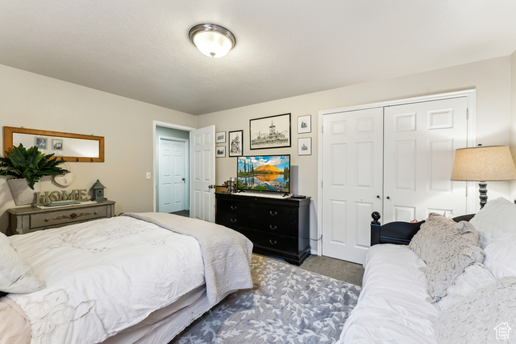 Bedroom featuring carpet and a closet