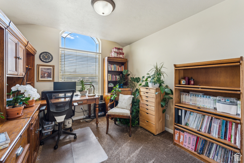 Office space featuring vaulted ceiling, dark carpet, and baseboards