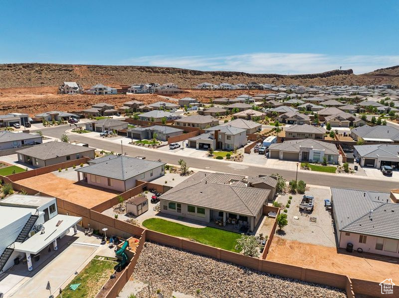 Aerial perspective of suburban area featuring mountains