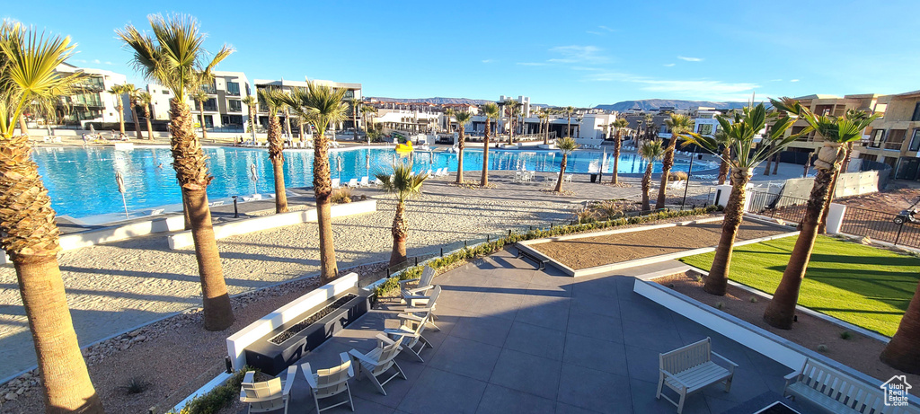 Pool with a residential view