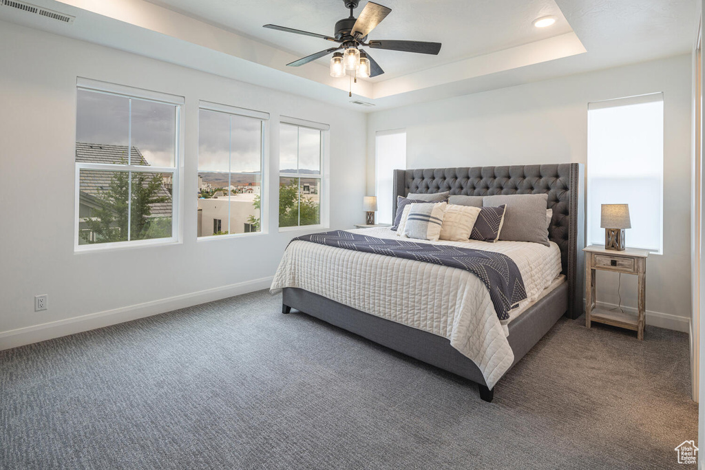 Bedroom with carpet, baseboards, ceiling fan, visible vents, and a raised ceiling