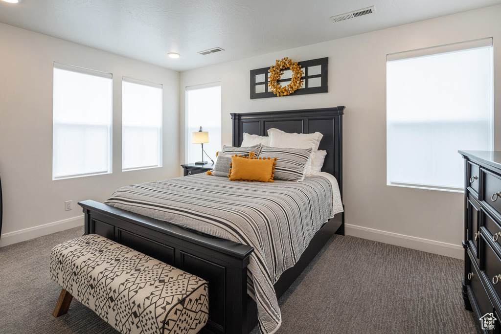 Bedroom featuring carpet, baseboards, visible vents, and multiple windows