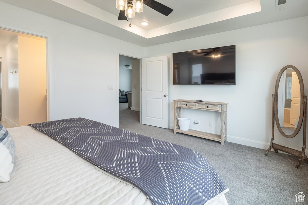 Bedroom featuring a raised ceiling, carpet floors, baseboards, and visible vents