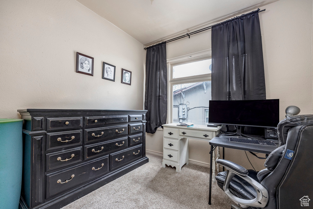 Office featuring light colored carpet