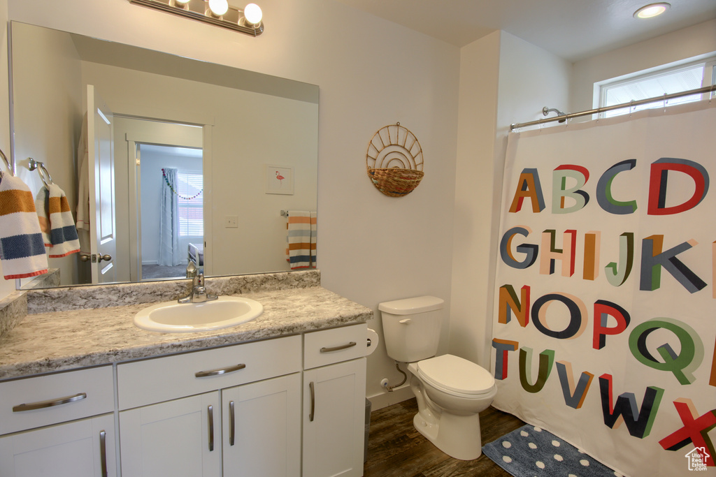 Full bathroom with vanity, toilet, wood finished floors, and a shower with shower curtain