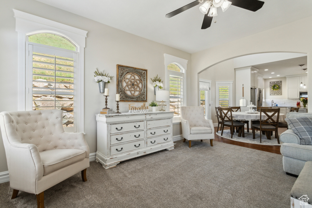 Sitting room featuring a healthy amount of sunlight, arched walkways, ceiling fan, and carpet