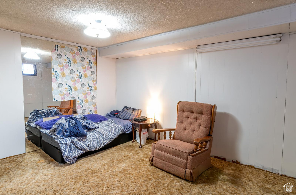 Carpeted bedroom featuring a textured ceiling