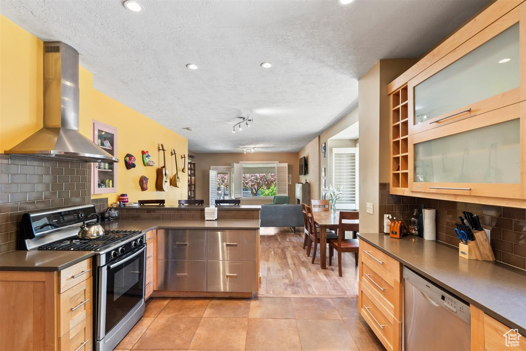 Kitchen featuring a peninsula, dark countertops, range hood, a textured ceiling, and appliances with stainless steel finishes