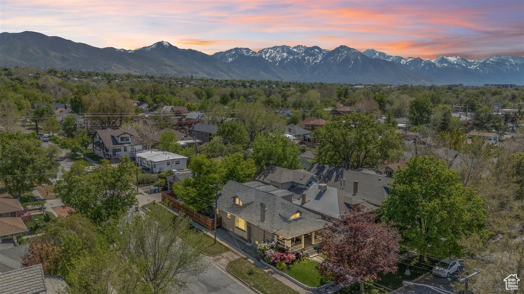 Aerial view at dusk with a mountain view