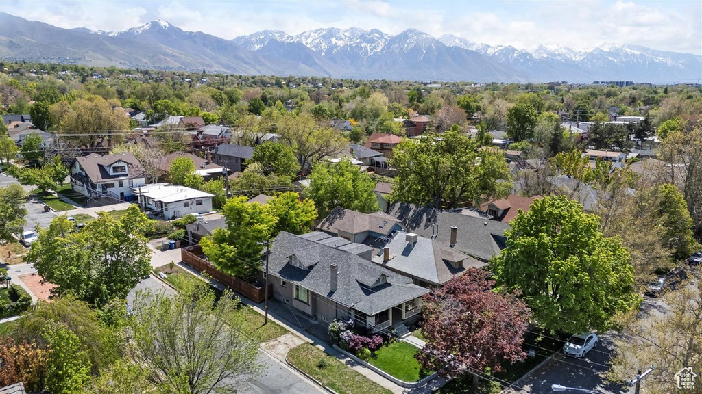 Drone / aerial view with a mountain view and a residential view