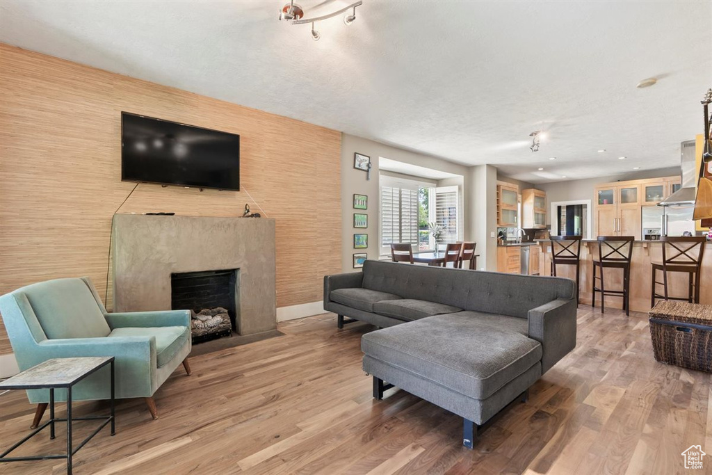 Living room featuring baseboards, a fireplace, and wood finished floors