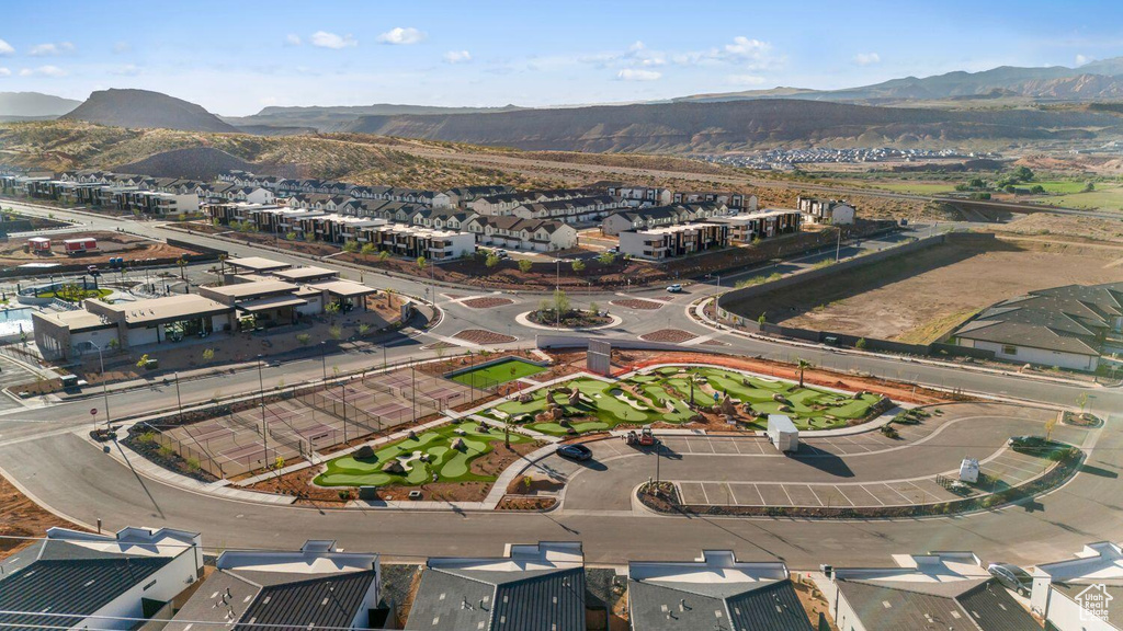 Drone / aerial view with a mountain view and a residential view